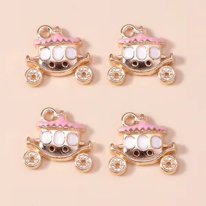 Golden pumpkin carriage charms with pink and white enamel for DIY jewelry making