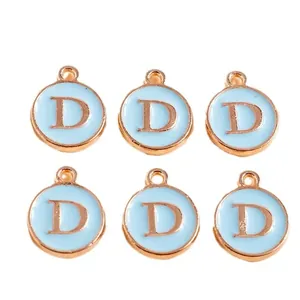 Pack of six light blue and rose gold letter D round alloy charms for DIY jewelry making