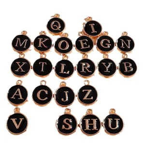 DIY black enamel alphabet charms with gold metal edges for necklaces and bracelets