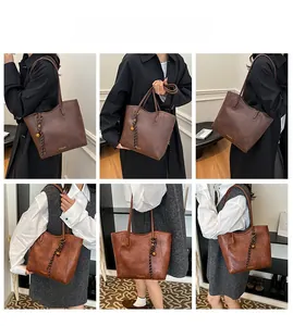 Brown tote bag with vintage texture and tassel charm shown in multiple model styles