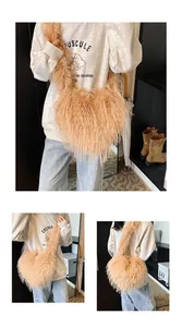 Detail of soft heart-shaped faux fur tote bag with plush texture and spacious design