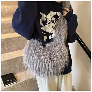 Detail of grey faux fur shoulder bag showing soft texture and large capacity style