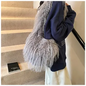 Close-up of grey faux fur tote bag showing soft texture and large capacity style