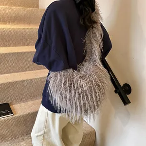 Furry heart-shaped oversized plush tote bag in grey-purple for autumn winter fashion
