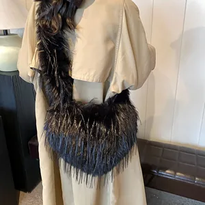Furry black heart-shaped tote bag in faux fur styled with a trench coat for autumn
