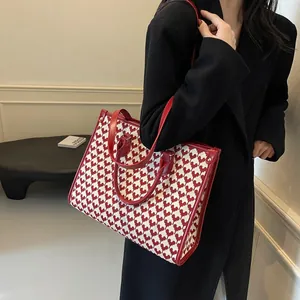 Red houndstooth tote bag for brides with large capacity and elegant leather trim