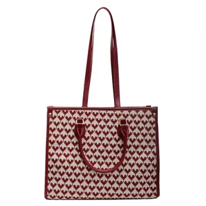 Red and white houndstooth heart pattern wedding tote bag with leather handles