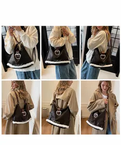 Detailed views of vintage brown tote bag with white plush trim and Luckyday print