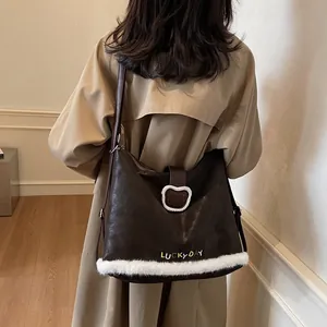 Winter dark brown tote bag with white plush trim and Luckyday teddy bear design
