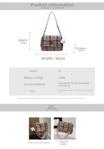 Detailed view of vintage plaid tote bag with dimensions 30x21x10cm and plush puppy charm