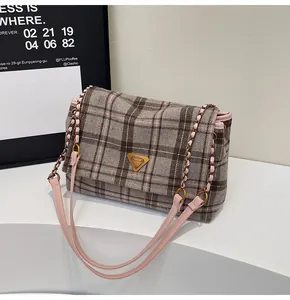 Detailed shot of retro plaid tote bag with pink leather chain strap and triangle hardware