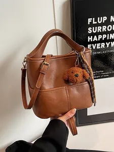 Women Urban Minimalist PU Leather Bucket Bag Solid Color Crossbody Handbag With Furry Bear Pendant Adjustable Shoulder Strap