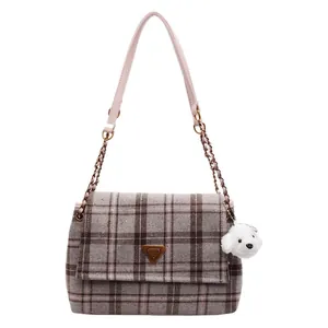Winter plaid tote bag with chain strap and cute plush dog pendant in retro style