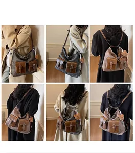 Detailed views of a minimalist large capacity tote bag with multi-pocket design on models