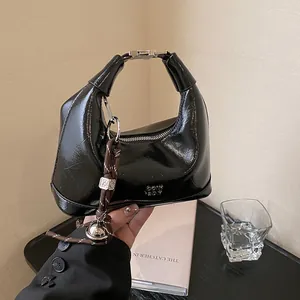 Women's Retro Glossy Patent Leather Hobo Bag Minimalist Solid Color Underarm Shoulder Bag With Bell Braided Rope Charm