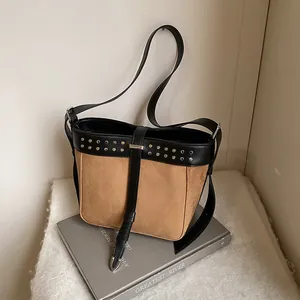 Vintage Slouchy Suede Patchwork Shoulder Bag With Studded Detail Large Capacity Women Fashion Crossbody Bucket Bag