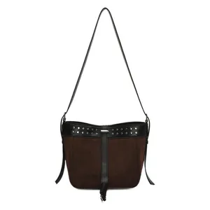 Retro contrast color messenger bag in dark brown suede with silver rivet detailing