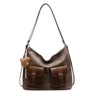 Retro brown large capacity tote bag with dual front buckle pockets and bear charm