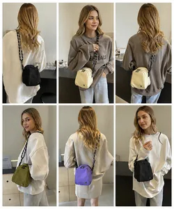 Detailed views of casual crossbody shell bags in black, white, green and purple colors