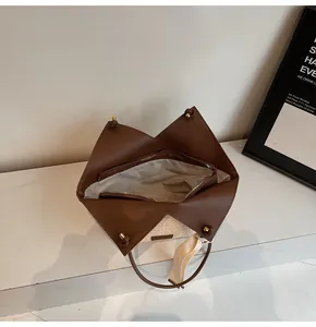 Top view of large tote bag showing inner lining with zipper pocket and magnetic buckle