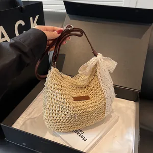 Women Straw Woven Crossbody Bag With Lace Bow Retro French Style Summer Beach Vacation Large Capacity Shoulder Bag