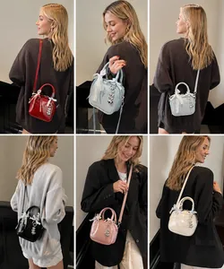 Collage of mini bowling bags in six colors with lace bows and heart charms