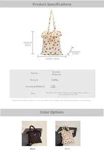 Detailed size chart for mesh cherry tote bag featuring dimensions and strap length