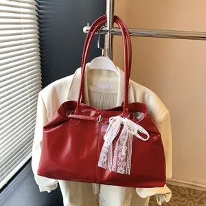 Fashion Women Large Capacity PU Leather Tote Bag With Elegant Lace Bow Artificial Pearl Pendant Shoulder Bag For Commute Casual Office