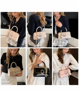 Multiple lifestyle views of chic satchel bags with square buckles and decorative scarves