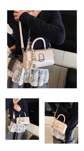 Detail of beige PU leather crossbody bag with metal buckle and woven knot pendant