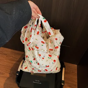 Women Cherry Print Chiffon Ruffle Tote Bag Large Capacity Mesh Shoulder Bag Fresh Sweet Fairy Style Handbag Floral Bag