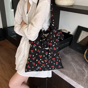 Floral cherry print mesh tote bag with ruffle details and large capacity for daily use