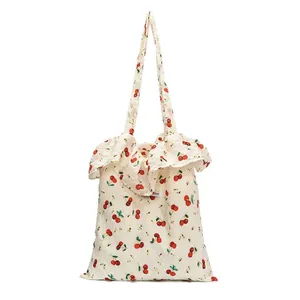 Floral mesh cherry print tote bag with ruffled edges and large capacity for women