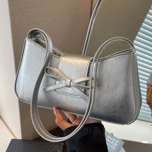 Fashion Women Bow Underarm Bag PU Leather Baguette Shoulder Bag Y2K Metallic Wrinkled Chic Casual Handbag For Ladies