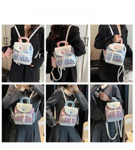 Mini checkered backpacks in blue and pink colors shown from multiple side angles