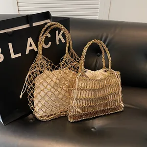 Bolsos de ganchillo metálicos dorados con forros de cordón para la playa y las vacaciones