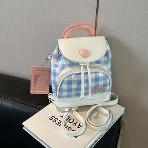 Women Mini Gingham Backpack PU Leather Patchwork Contrast Color Preppy Style Small Rucksack With ID Card Holder