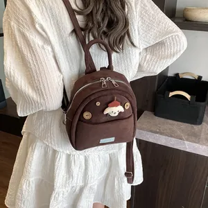 Cute brown plush mini backpack with cartoon puppy patch and wooden buttons for women