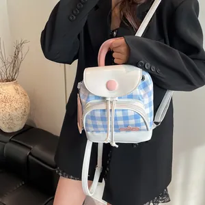 Women's blue and white checkered mini backpack with premium white leather accents