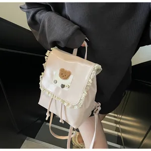 Detailaufnahme des rosa Mini-Rucksacks mit Spitze, Bärenstickerei und Knopfdetails