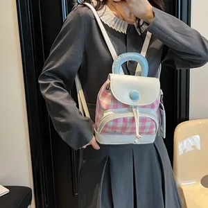 Pink and white checkered mini backpack with light blue handle for women's summer fashion