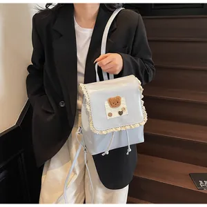 Detail eines hellblauen Mädchenrucksacks mit Spitzenbesatz und Plüschbär-Dekor