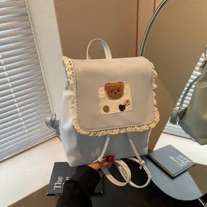 Süßer Mädchenhafter Mini Rucksack Kawaii PU Leder Spitze Bären-Patch Kordelzug Umhängetasche Kleiner Schulrucksack Für Teenager Frauen