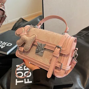 Women PU Leather Jacquard Handbag Vintage Wing Buckle Crossbody Bag Floral Small Square Bag with Dog Charm Elegant Accessory