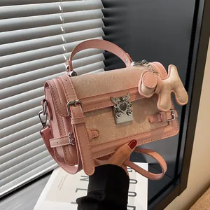 Pink jacquard small square bag with silver hardware and cute dog charm for women