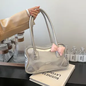 Fashion Women PU Leather Tote Bag Large Capacity Shoulder Bag With Pink Bowknot Y2K Style Daily Commuter Handbag