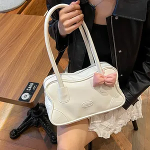 Cream white tote bag with pink bow accent for women, stylish large capacity shoulder bag