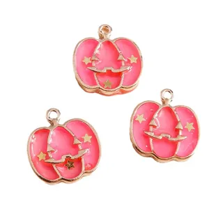 Pink enamel Halloween pumpkin charms with gold stars for DIY jewelry making