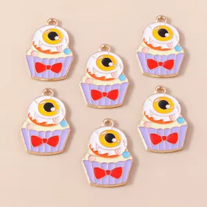 Set of 6 Halloween monster cupcake pendants with eyeball design and golden rings