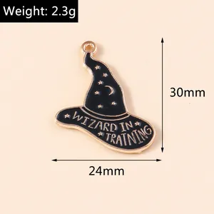 Detail of enamel wizard hat pendant with gold moon, stars and size dimensions